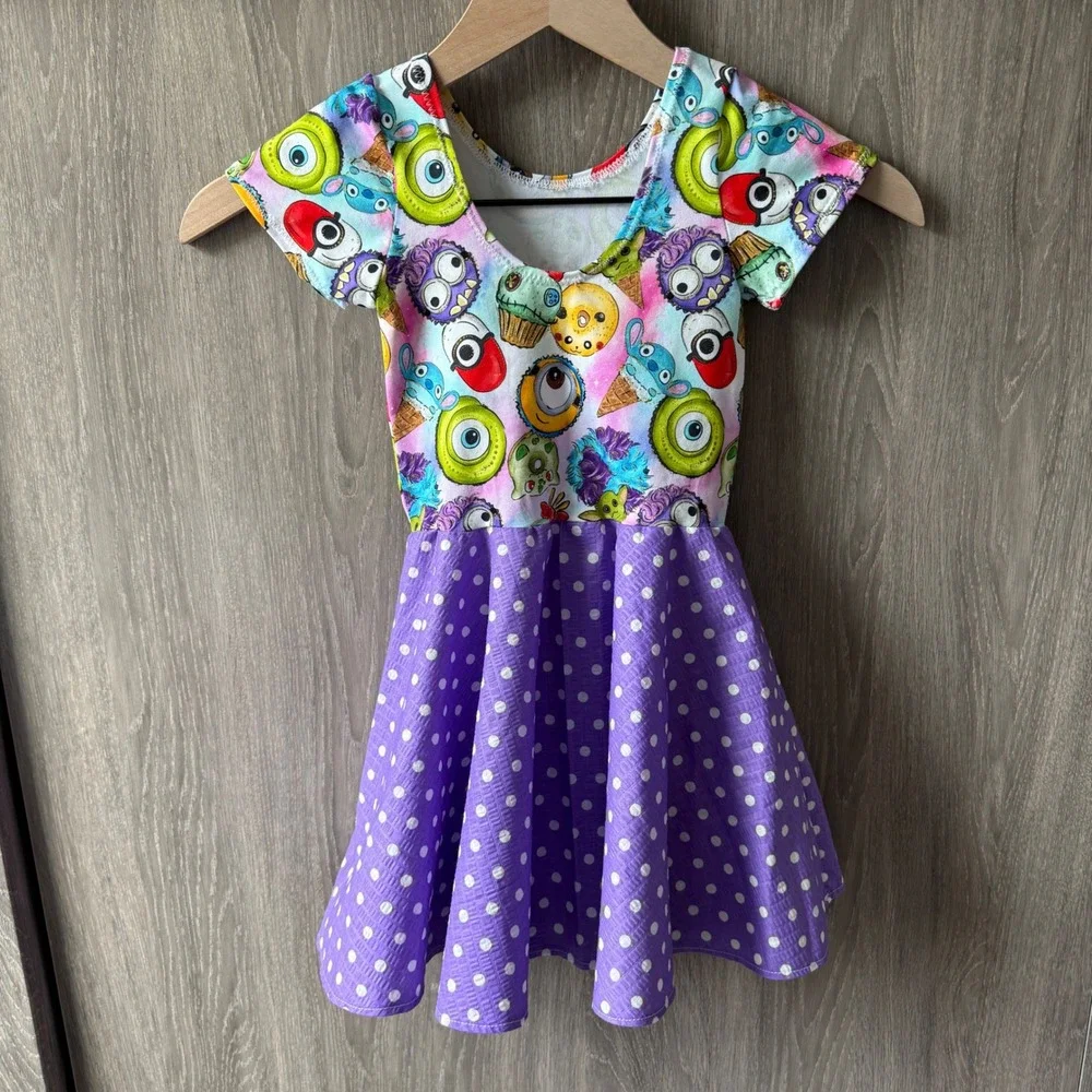 Handmade Custom Disney Monster Print Dress Girl 4/5 Purple Polka Dot Disneybound